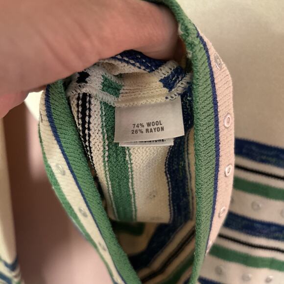 VTG St. John Sport Wool Rayon Zip Cardigan Green Blue Small Rivets Striped - Picture 9 of 9